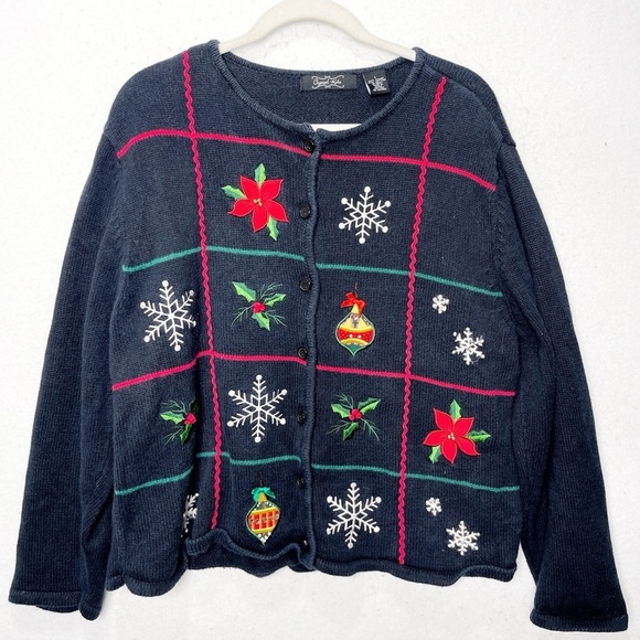 Crystal Kobe Sweaters - Crystal Kobe Novelty Ugly Christmas Sweater Black Large Snowflake Ornament Holly